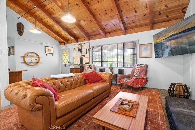 living room featuring high vaulted ceiling, wooden ceiling, and beamed ceiling