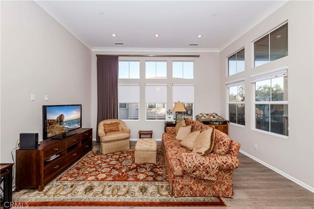 living room featuring crown molding and hardwood / wood-style floors