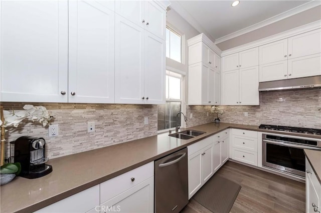 kitchen with decorative backsplash, sink, appliances with stainless steel finishes, ornamental molding, and white cabinets