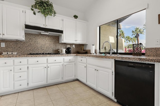 kitchen featuring sink, white cabinetry, gas cooktop, black dishwasher, and backsplash