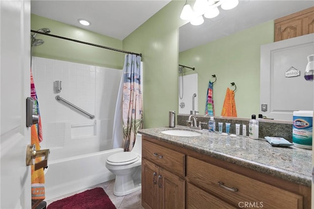 full bathroom featuring toilet, vanity, tile patterned floors, and shower / bath combination with curtain