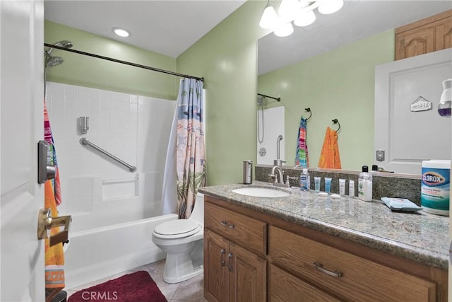 32758 Spinel Rd, Lucerne Valley, CA 92356 - full bath with shower / bath combination with curtain, tile patterned floors, toilet, and vanity