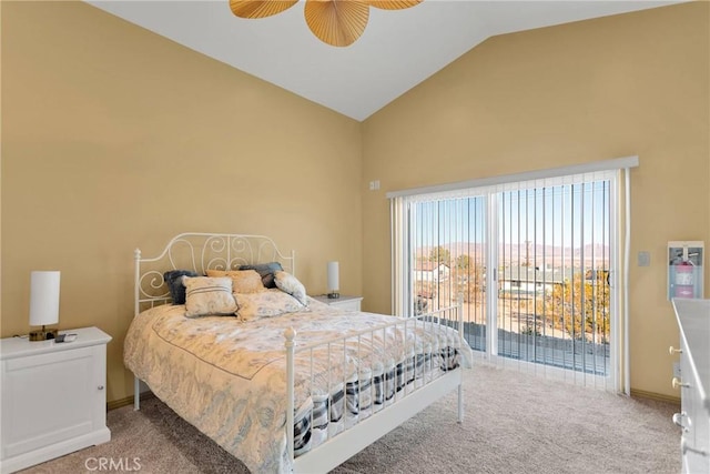 bedroom featuring lofted ceiling, carpet floors, ceiling fan, and access to outside