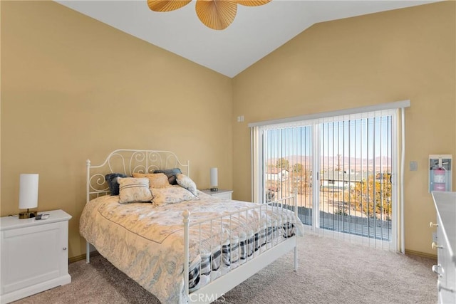 32758 Spinel Rd, Lucerne Valley, CA 92356 - carpeted bedroom with access to exterior, baseboards, vaulted ceiling, and ceiling fan