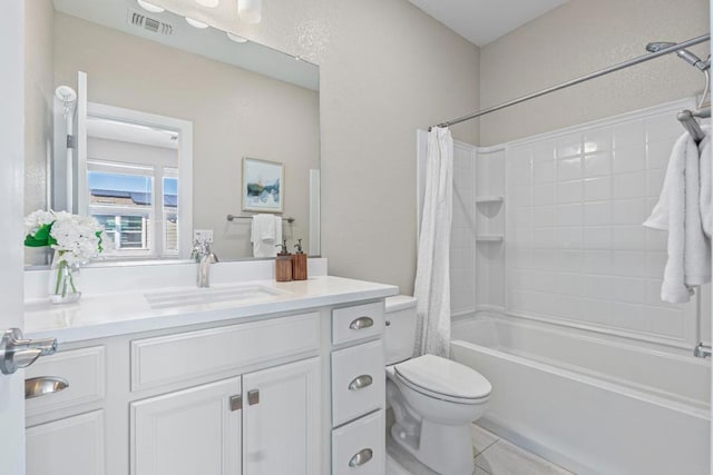 full bathroom with toilet, shower / tub combo, tile patterned flooring, and vanity