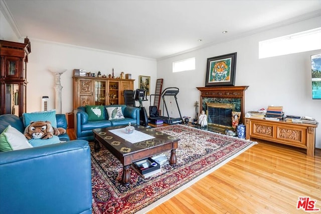 living room featuring crown molding, hardwood / wood-style floors, and a high end fireplace