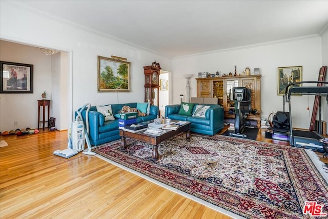 living room featuring ornamental molding and hardwood / wood-style floors