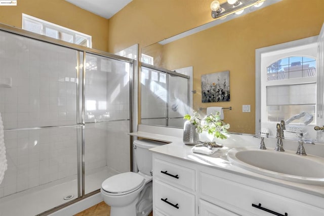 bathroom featuring plenty of natural light, toilet, vanity, and an enclosed shower