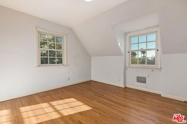 additional living space with vaulted ceiling, a wealth of natural light, and hardwood / wood-style flooring