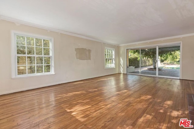 spare room with hardwood / wood-style floors, ornamental molding, and a wealth of natural light