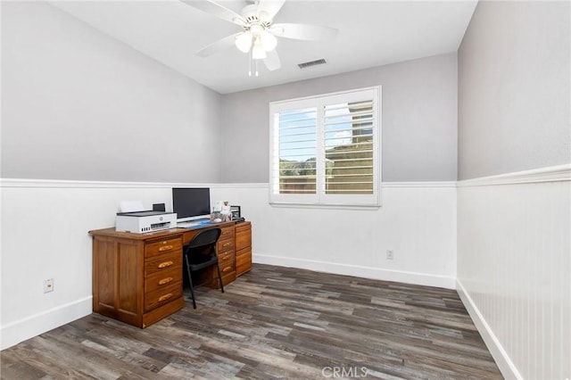 office area with ceiling fan and dark hardwood / wood-style flooring