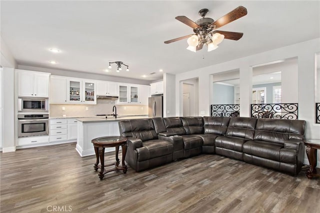 living room featuring ceiling fan, dark hardwood / wood-style flooring, and sink