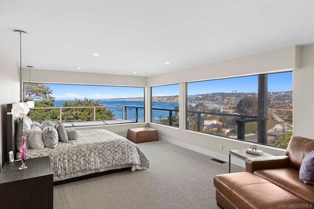 carpeted bedroom with a water view