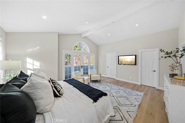 bedroom featuring light wood-type flooring, french doors, and lofted ceiling with beams