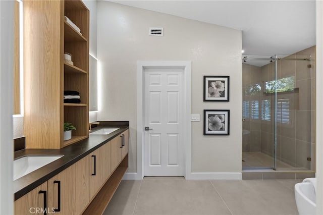 bathroom featuring walk in shower, tile patterned flooring, vaulted ceiling, and vanity