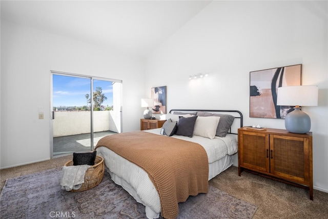 bedroom featuring access to outside, high vaulted ceiling, and carpet flooring