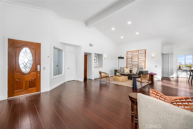 living room with high vaulted ceiling, beam ceiling, crown molding, and dark hardwood / wood-style flooring