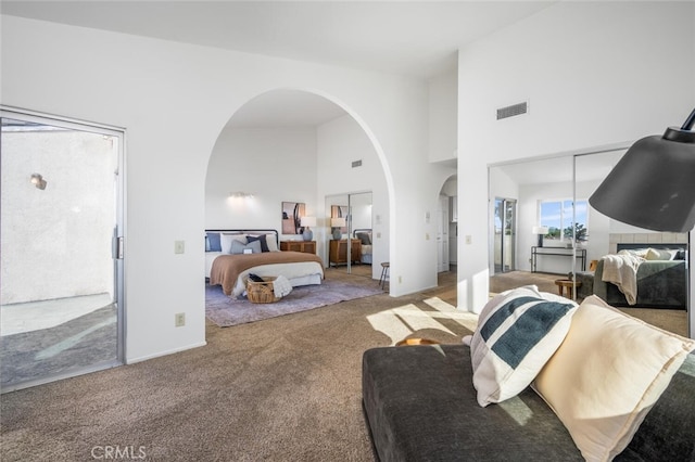 bedroom with a high ceiling, a closet, and carpet