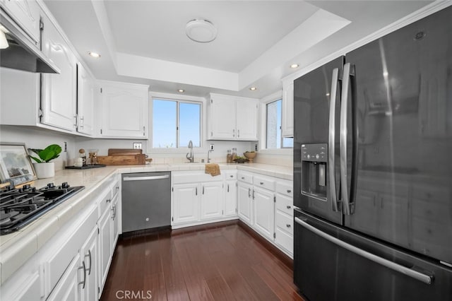 kitchen featuring dark wood-type flooring, a raised ceiling, appliances with stainless steel finishes, and white cabinetry