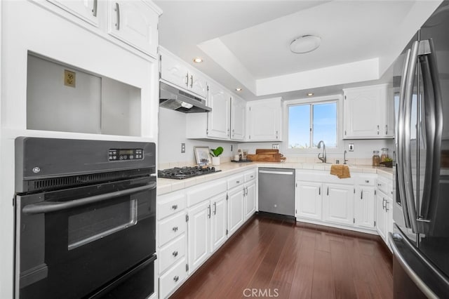 kitchen featuring sink, white cabinetry, dark hardwood / wood-style floors, a tray ceiling, and appliances with stainless steel finishes