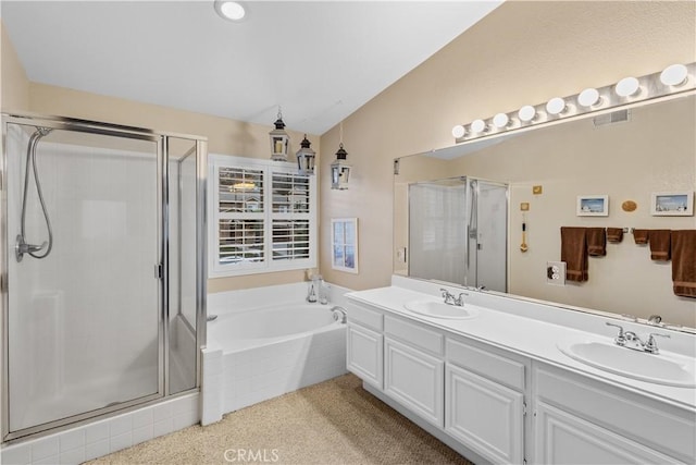 bathroom with vanity, lofted ceiling, and plus walk in shower