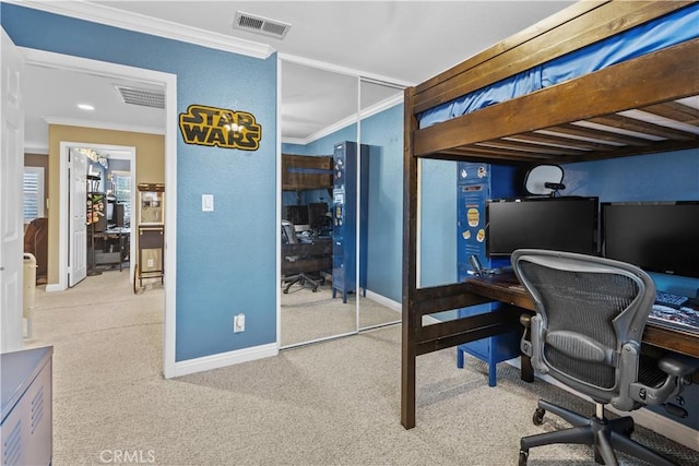 carpeted office space featuring crown molding