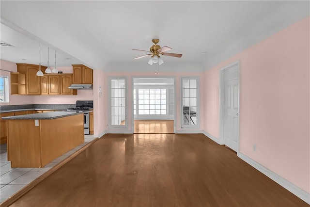 kitchen with a center island, decorative light fixtures, light wood-type flooring, ceiling fan, and stainless steel range with gas stovetop