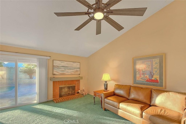 carpeted living room featuring a brick fireplace, lofted ceiling, and ceiling fan