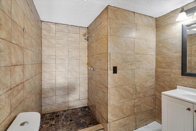 bathroom featuring tile walls, toilet, vanity, and a tile shower