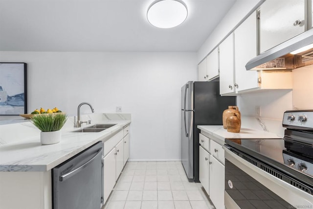 kitchen featuring stainless steel appliances, ventilation hood, light tile patterned floors, white cabinets, and sink