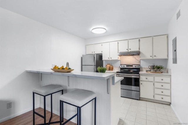 kitchen with stainless steel appliances, kitchen peninsula, electric panel, a breakfast bar, and white cabinets