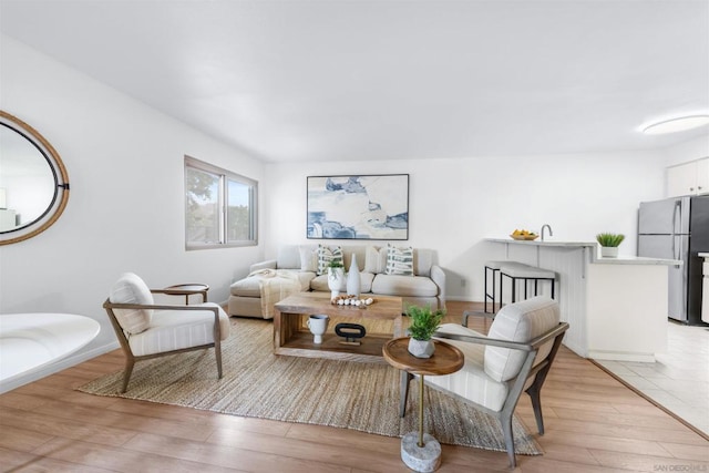 living room featuring sink and light hardwood / wood-style flooring