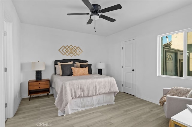 bedroom featuring ceiling fan and light hardwood / wood-style floors