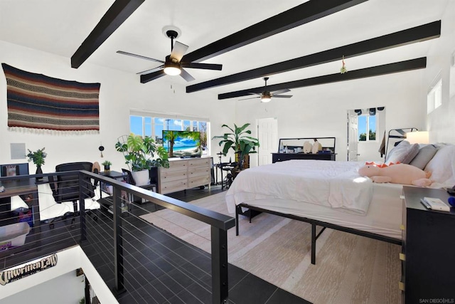 bedroom featuring beam ceiling, ceiling fan, and dark hardwood / wood-style floors