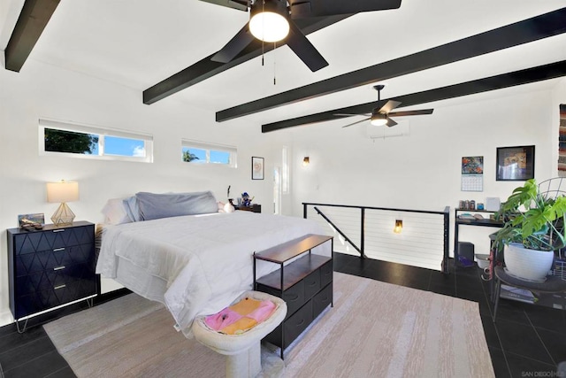 tiled bedroom featuring ceiling fan and beamed ceiling