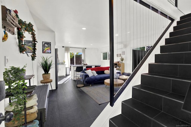 interior space with dark hardwood / wood-style flooring