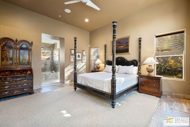 bedroom featuring connected bathroom and ceiling fan