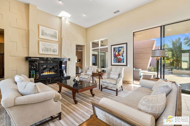 living room with a fireplace