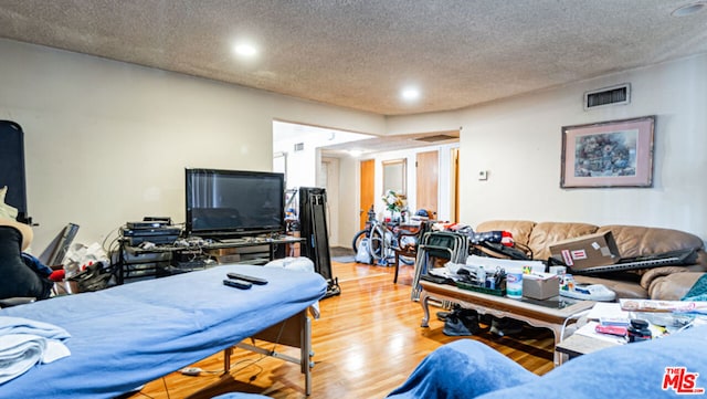 living room featuring a textured ceiling and light hardwood / wood-style floors