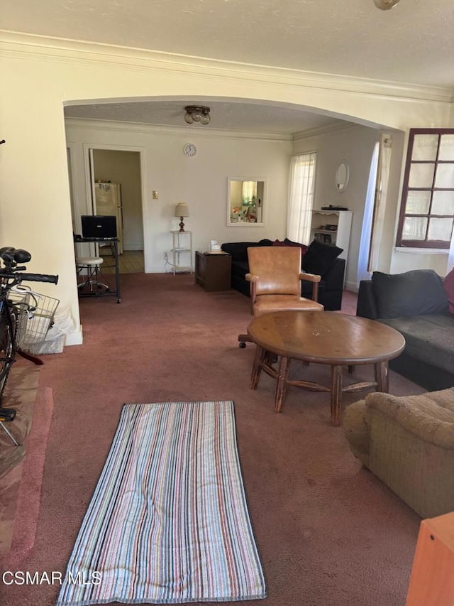 living room featuring carpet floors and crown molding