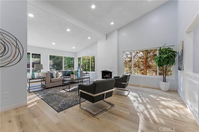 living room featuring a fireplace, light wood-type flooring, and a wealth of natural light