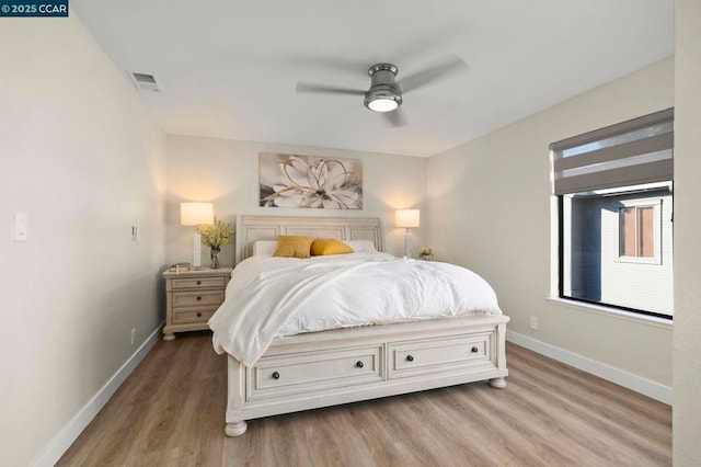 bedroom with ceiling fan and light hardwood / wood-style floors