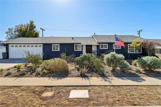 ranch-style home with a garage, concrete driveway, and stucco siding