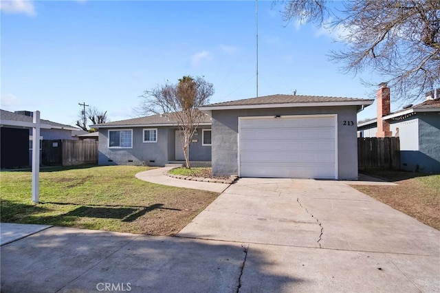 ranch-style house with a garage and a front yard