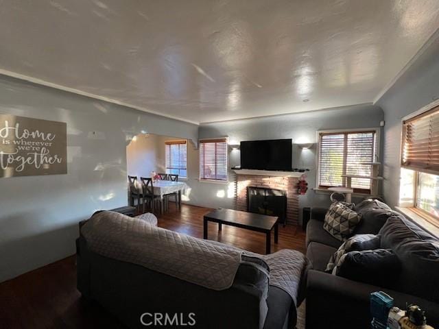 living room with a brick fireplace and hardwood / wood-style flooring