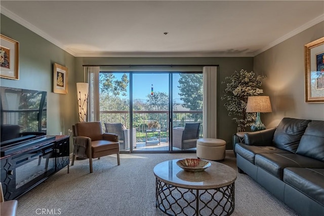 living room with crown molding and carpet flooring