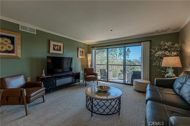 carpeted living room featuring ornamental molding