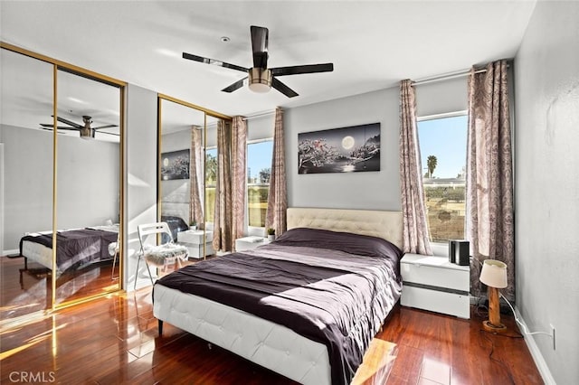 bedroom featuring two closets, multiple windows, baseboards, and hardwood / wood-style floors