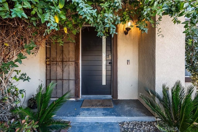 entrance to property featuring stucco siding