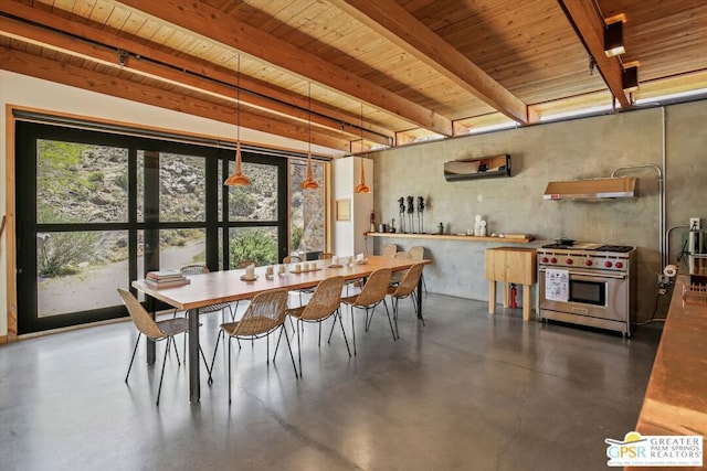 dining room featuring wooden ceiling and beamed ceiling